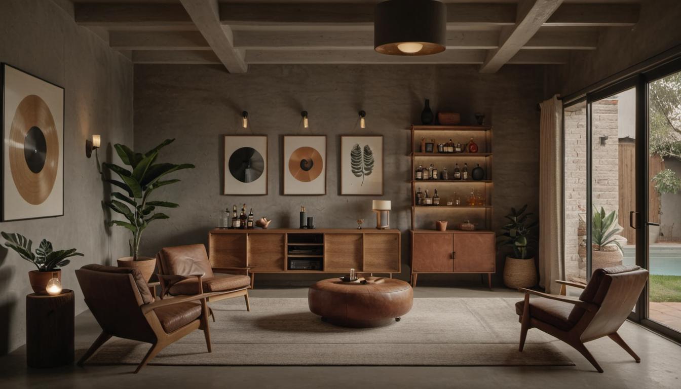 Craft a memorable man cave with 2024's retro art trends, cozy furnishings, soft lighting, and a palette of natural or grey tones. Keep design minimalistic for a sophisticated yet personal retreat.