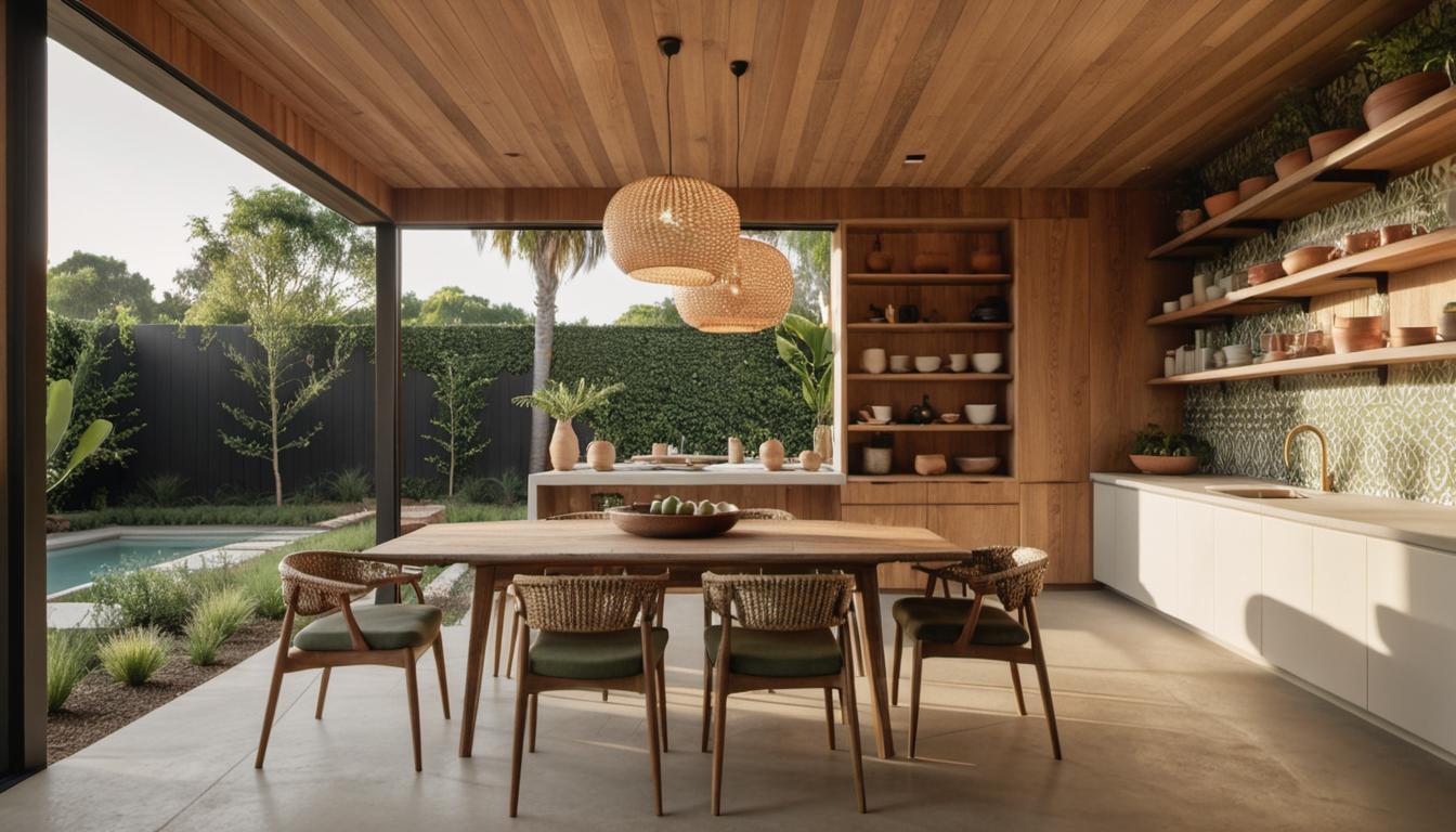 "Glimpse into 2024 dining room trends emphasizing elegance, functionality, sustainability, and unconventional patterns. Expect a mix of stylish furnishing designs using eco-friendly materials and innovative blends of styles."